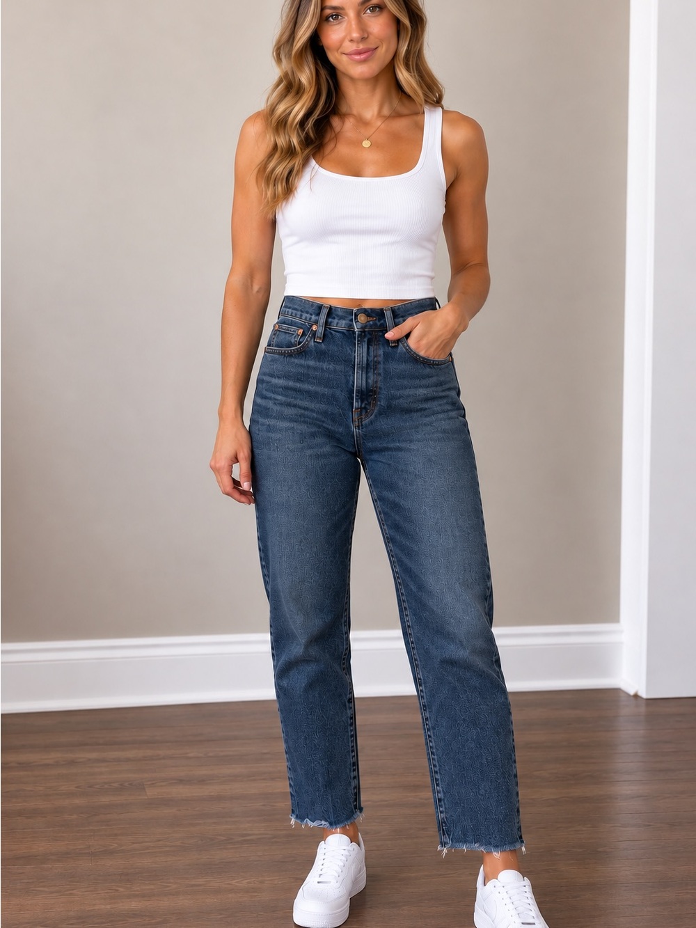 Madewell Blue Cropped Straight Jeans with Raw Hem